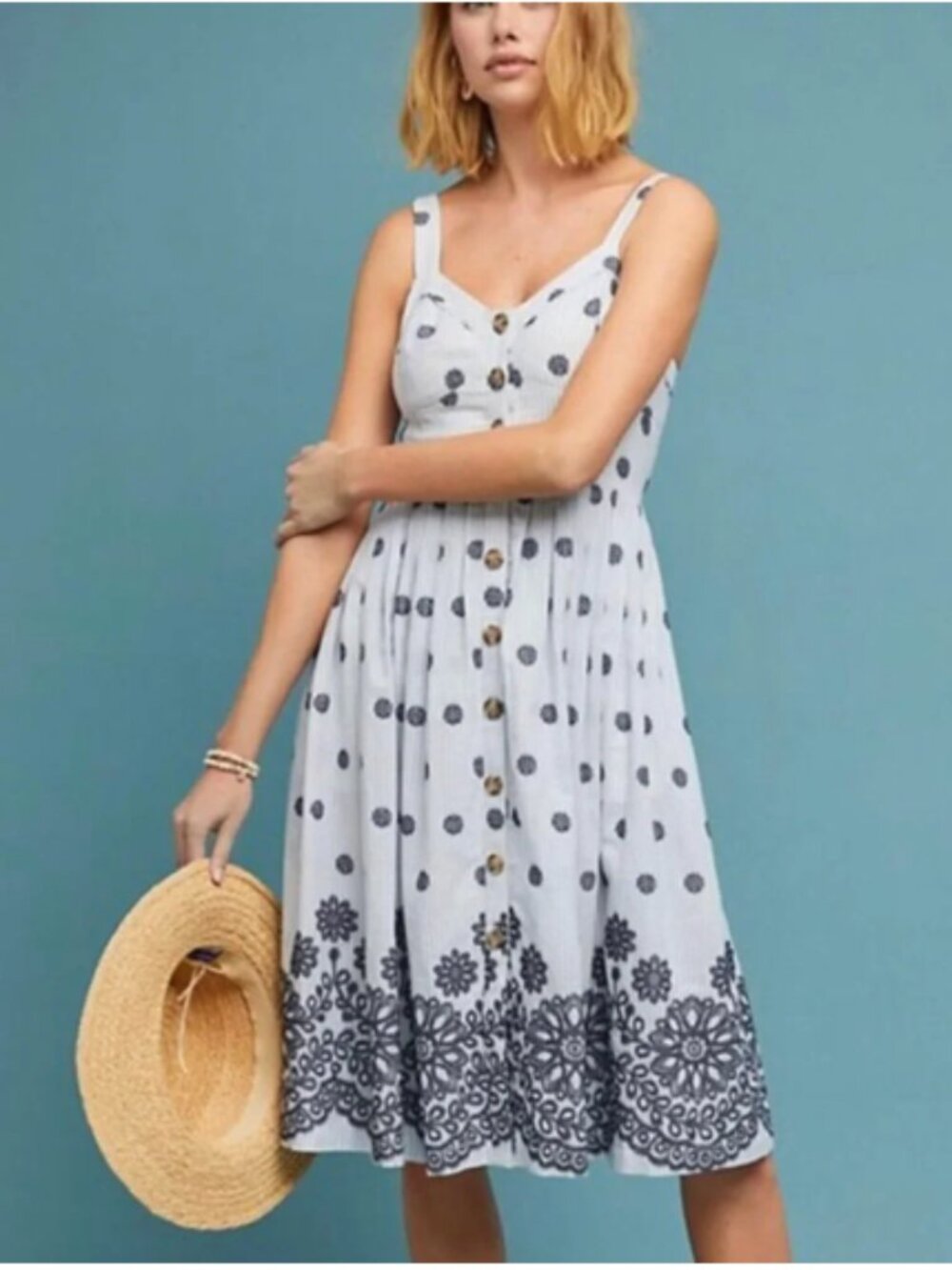 Anthropologie Maeve Savoy Navy Blue and White Stripe Button Front Dress Size 10
